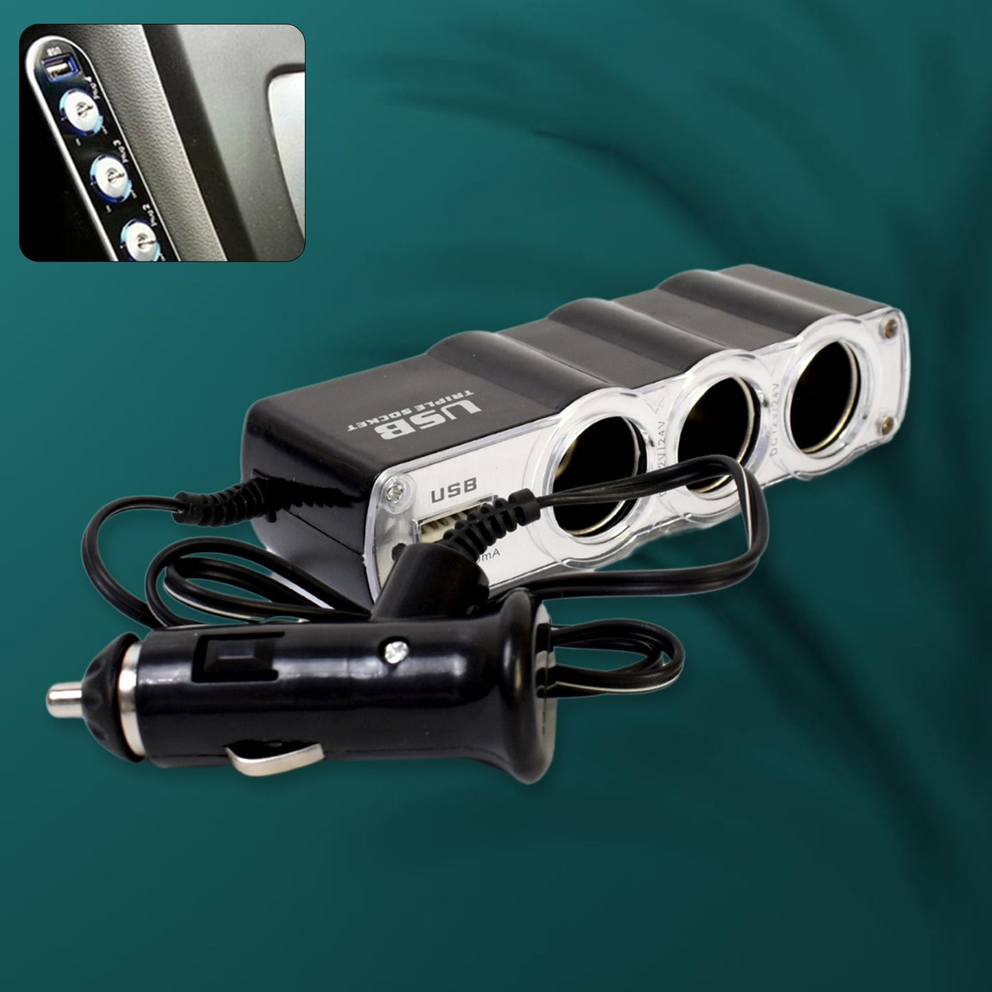 Triple 3 Way Car 12v Lighter Socket Splitter Usb Charger Power Adapter - Happy Price - Image 2