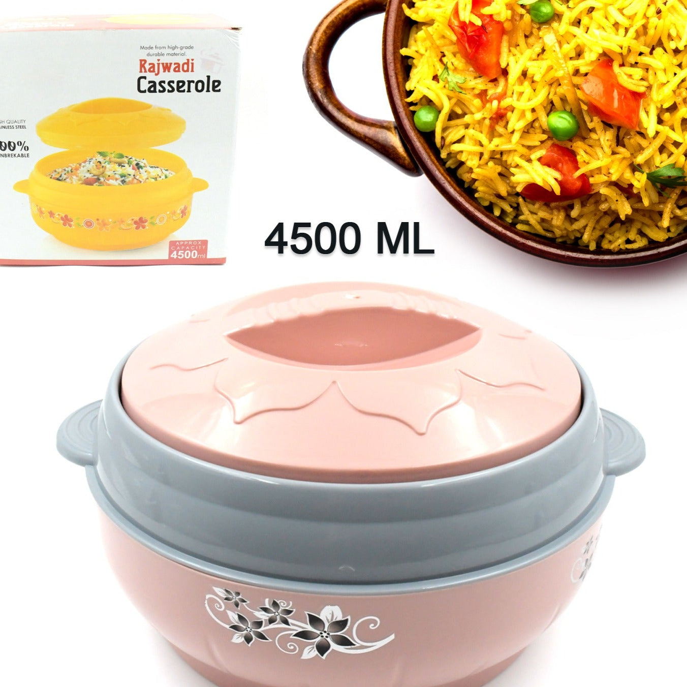 High Quality Steel Casserole Box For Food Searving Inner Steel Insulated Casserole Hot Pot Flowers Printed Chapati Box For Roti Kitchen (Approx 4500 Ml) - Happy Price - Image 1