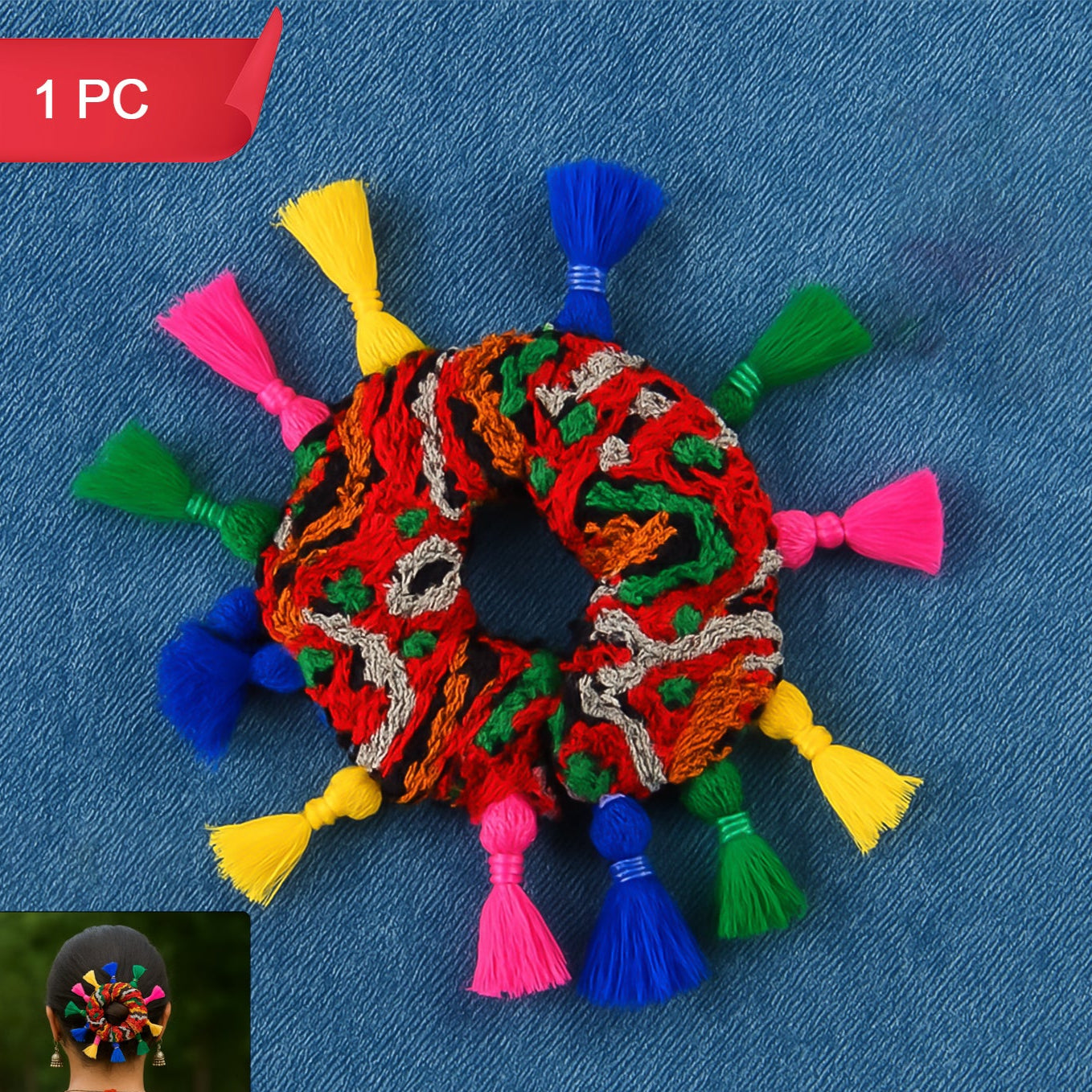 Multicolor Navratri Hair Bun Accessory with Tassels - 1 Pc - Happy Price - Image 1