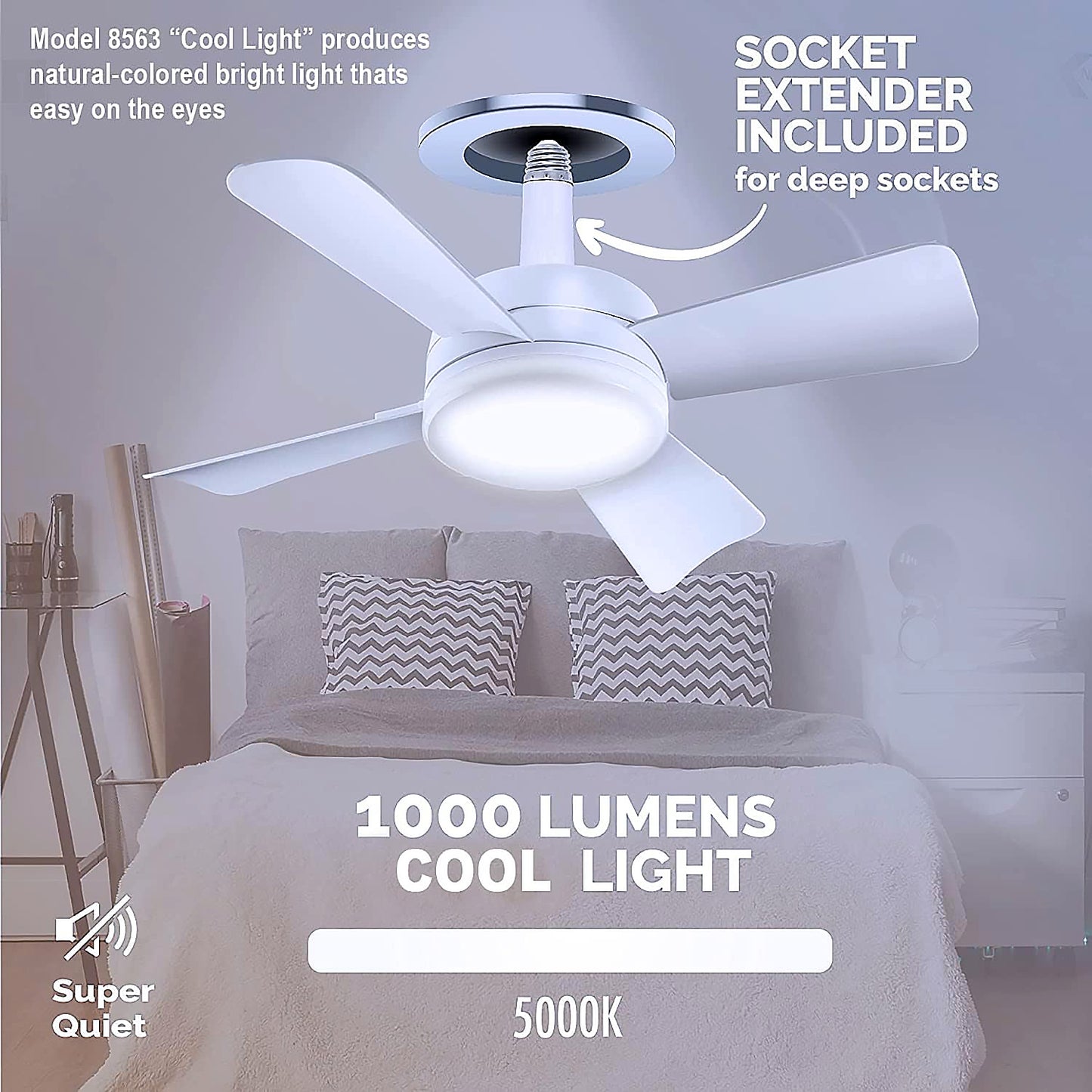 Socket Fan Light Original - Cool Light Led  Ceiling Fans With Lights And Remote Control Replacement For Lightbulb - Bedroom Kitchen Living Room1000 Lumens  5000 Kelvins Cool Leds (Remote Battery Not Included) - Happy Price - Image 5