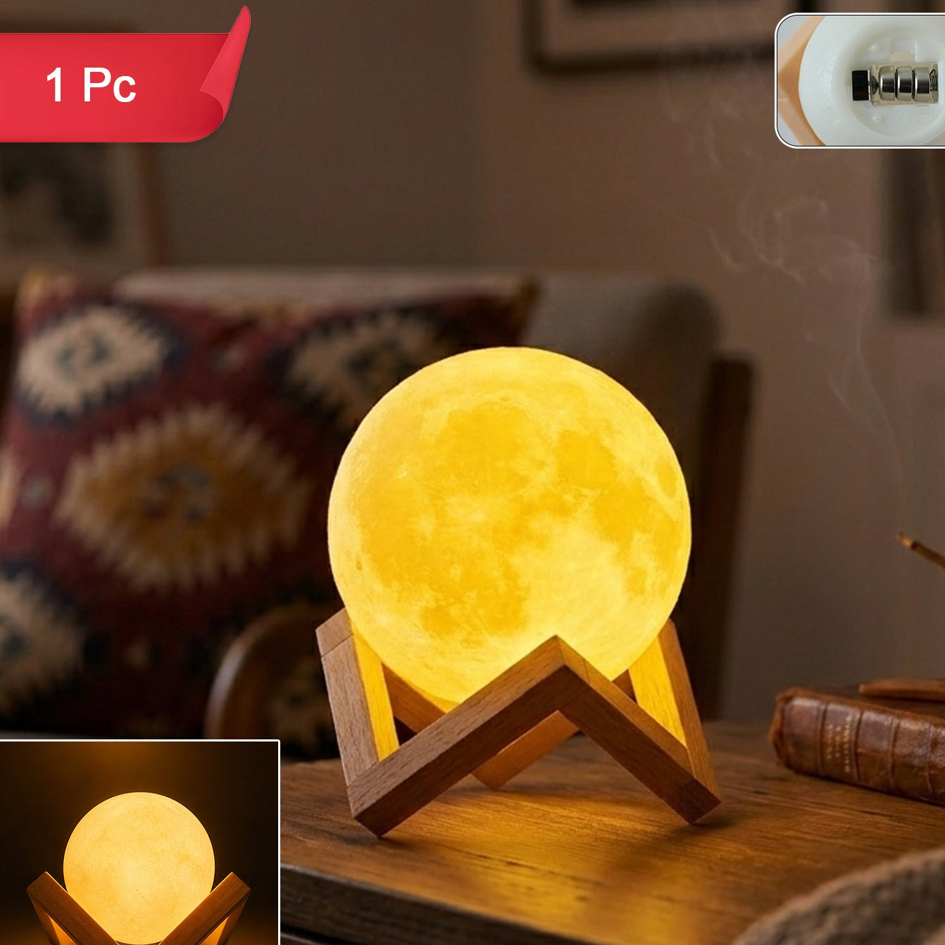 LED Moon Ball Night Light with Wooden Base (1 Pc) - Happy Price - Image 1