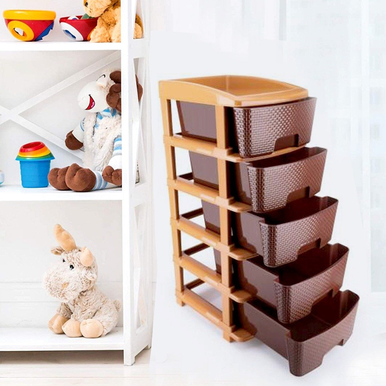 5tier Plastic Modular Drawer System For Multiple Use (Brown Colour) - Happy Price - Image 2