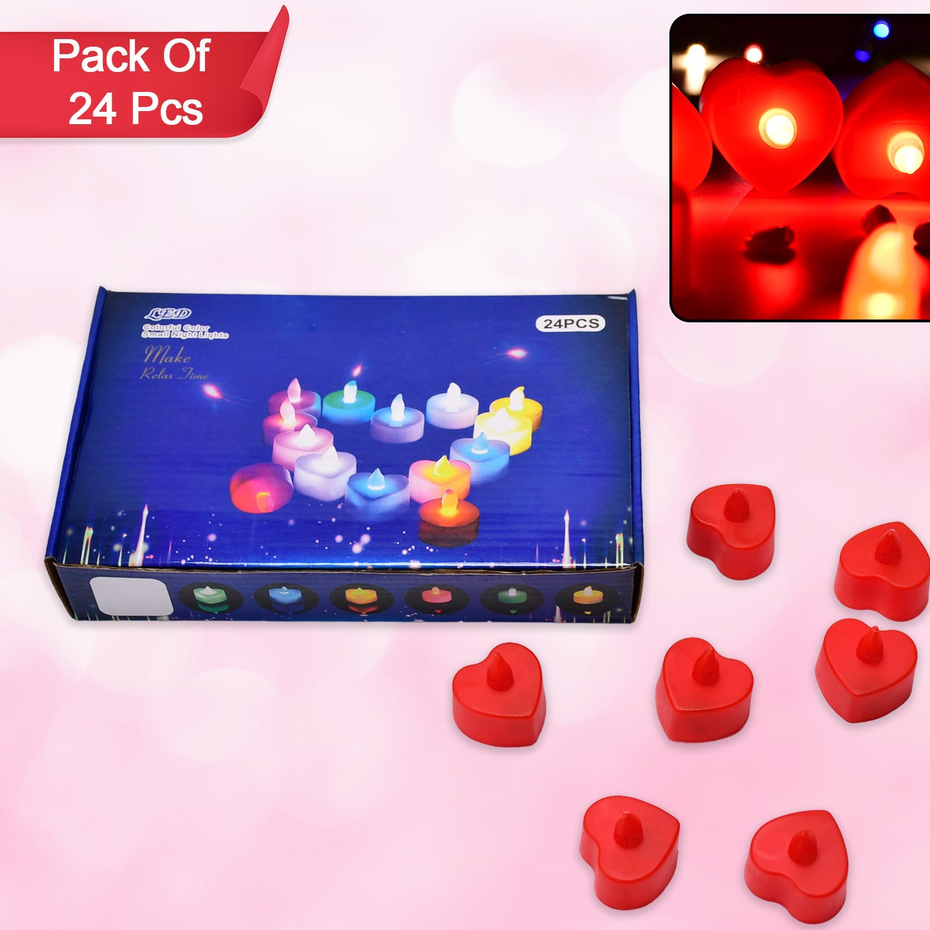 Flameless Candles Led Heart Shape Tea Light Candles Multi Color Electrical Diya Candles Battery Operated Fake Candles For Gifthome Decoration Diwali Navratri Lighting (Pack Of 24) - Happy Price - Image 1