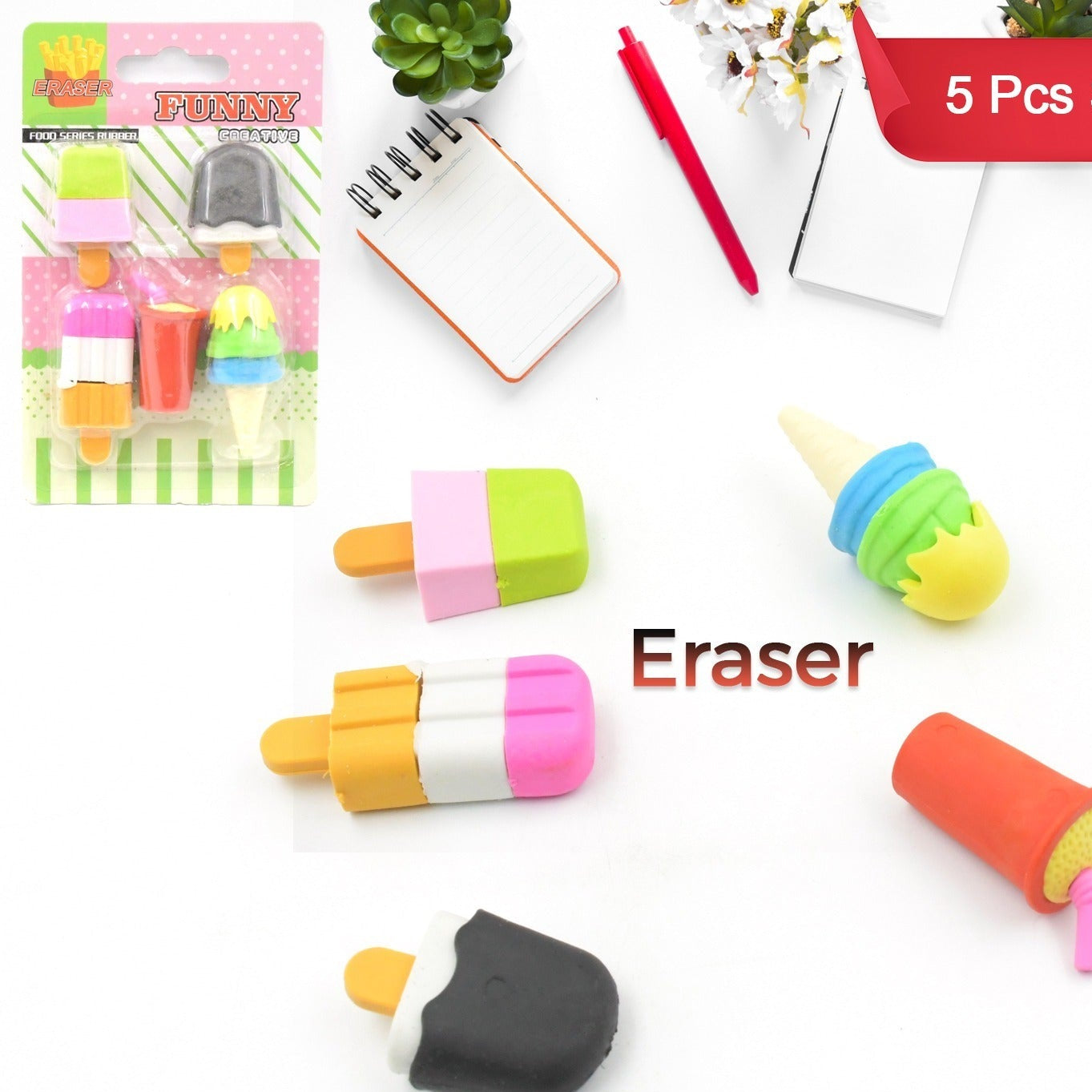 Stationary Kit Fancy  Stylish Colorful Erasers Mini Eraser Creative Cute Novelty Eraser For Children Different Designs Eraser Set For Return Gift Birthday Party School Prize Football  Icecream Set Eraser ( 5 Pc Set) - Happy Price - Image 1