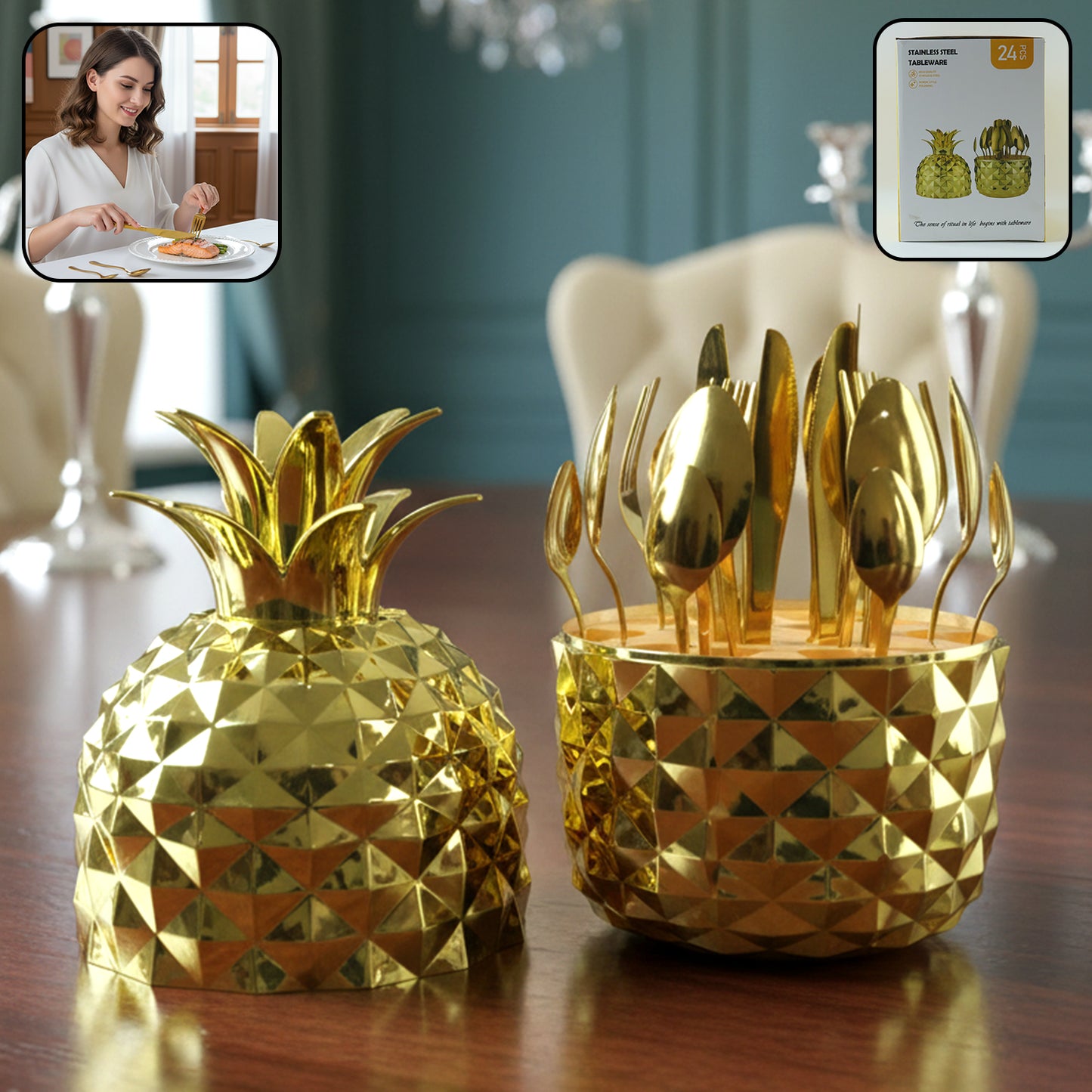 24 Piece Stainless Steel Gold Cutlery Set with Pineapple Stand - Happy Price - Image 2