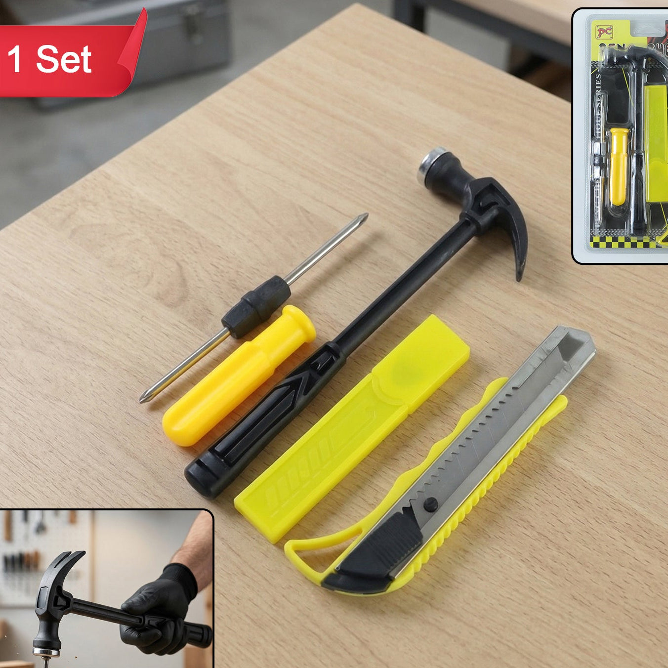 Mini Hardware Tool Kit With Hammer Screwdriver  Cutter Set