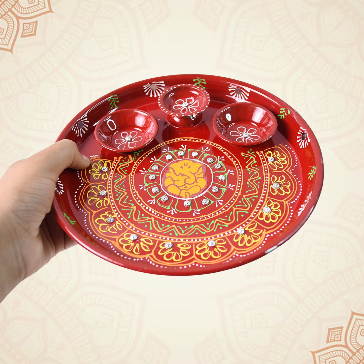 Hand-Painted Ganesha Pooja Thali Set with 3 Diyas - Festive Puja Utensil - Happy Price - Image 6