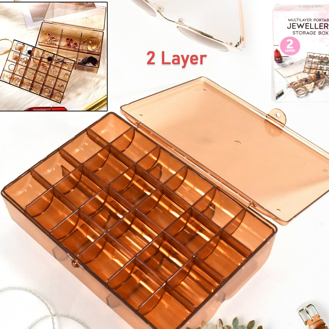 2 Layer Acrylic Jewelry Storage Box Dustproof Earring Box Storage Box Portable Nail Art Storage Case 24-grid Small And 6-grid Big Case Makeup Vanity Box (1 Pc  30 Compartment) - Happy Price - Image 1