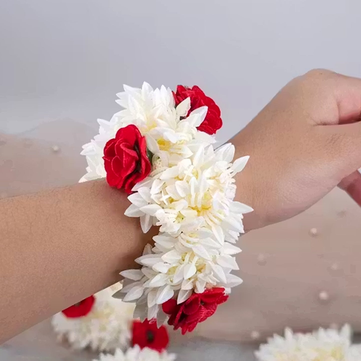 Artificial Flower Gajra with Red Roses & White Jasmine - 1 Pc Hair Accessory - Happy Price - Image 5