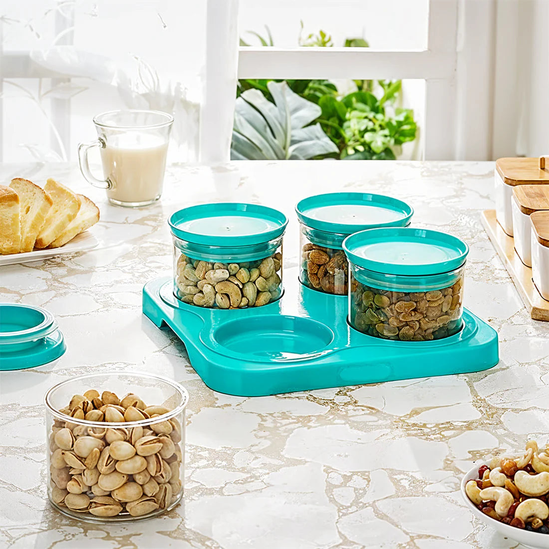 Airtight Container Jar 4 Pc Set With Stylish Tray For Kitchen Unbreakable Jar Set For Multipurpose Storage ( Mukhwas Dani ) - Happy Price - Image 6