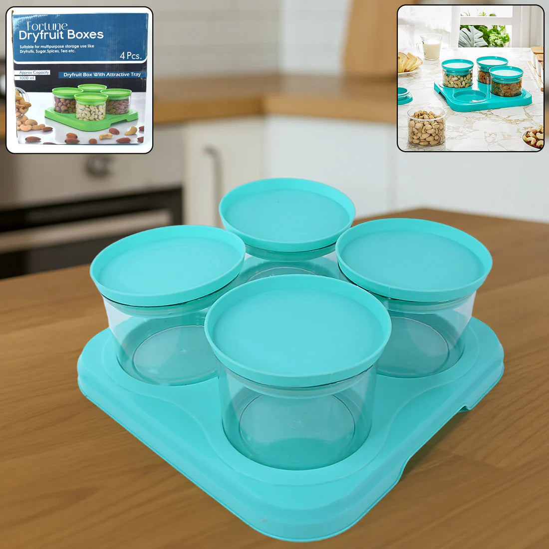 Airtight Container Jar 4 Pc Set With Stylish Tray For Kitchen Unbreakable Jar Set For Multipurpose Storage ( Mukhwas Dani ) - Happy Price - Image 5
