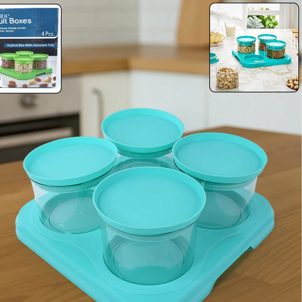 Airtight Container Jar 4 Pc Set With Stylish Tray For Kitchen Unbreakable Jar Set For Multipurpose Storage ( Mukhwas Dani ) - Happy Price - Image 1