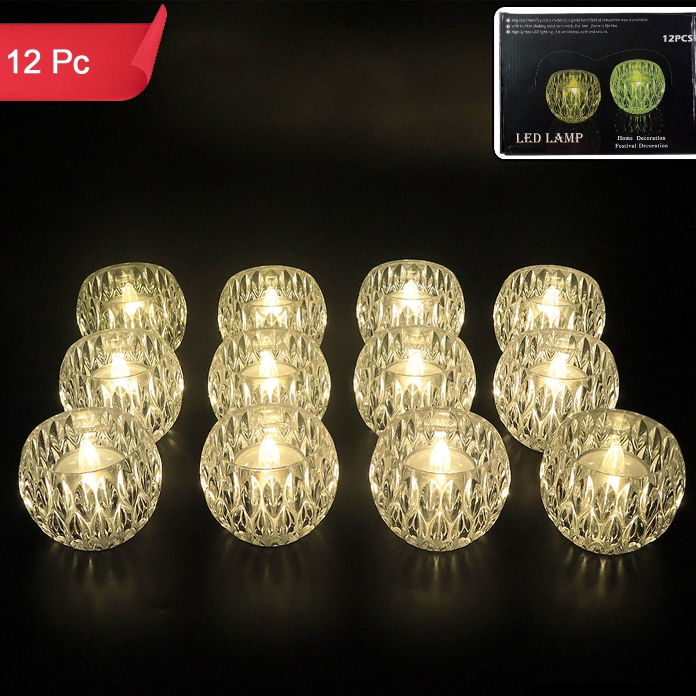 Set of 12 Crystal Effect LED Flameless Tealight Candles - Battery Operated Decorative Lamps - Happy Price - Image 1