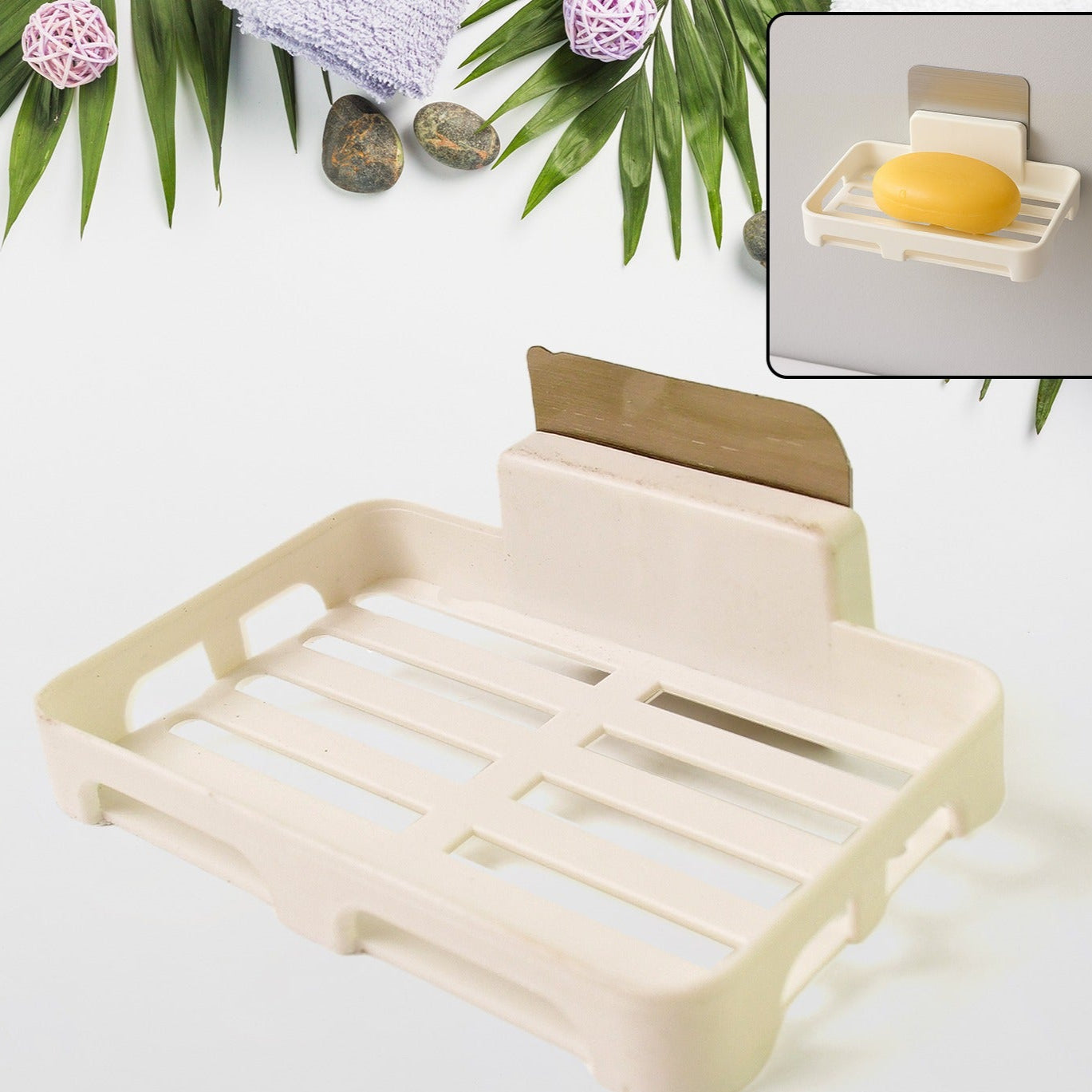 Self-adhesive Wall Mount Plastic Soap Dish With Drain Slots - Happy Price - Image 1
