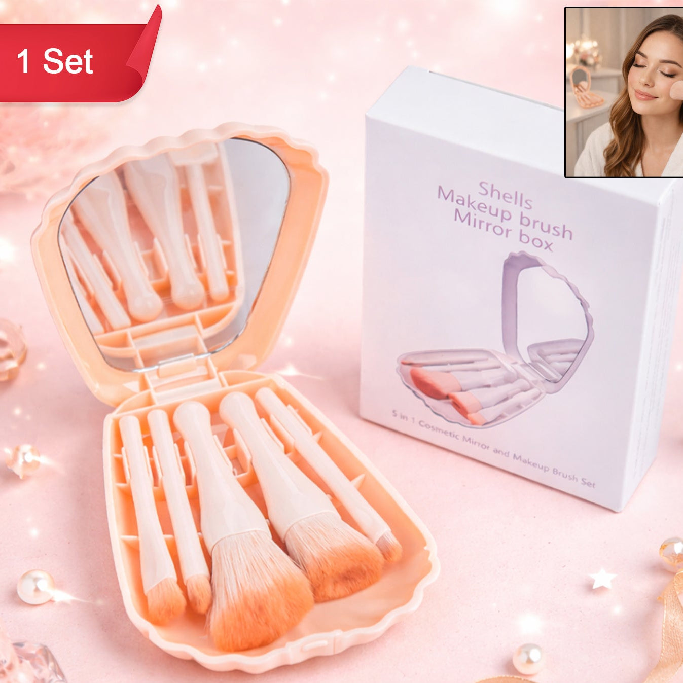 5-in-1 Makeup Brush Set with Mirror and Compact Case - Happy Price - Image 1