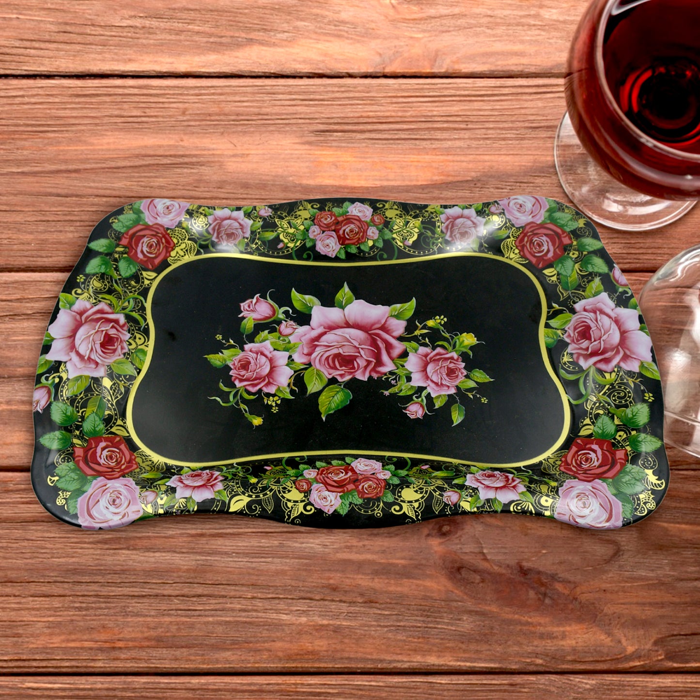 Stainless Steel Serving Tray With Flower Printed Rectangle Premium Dining Table Plate (18 X 8.5 Inch  1 Pc) - Happy Price - Image 2