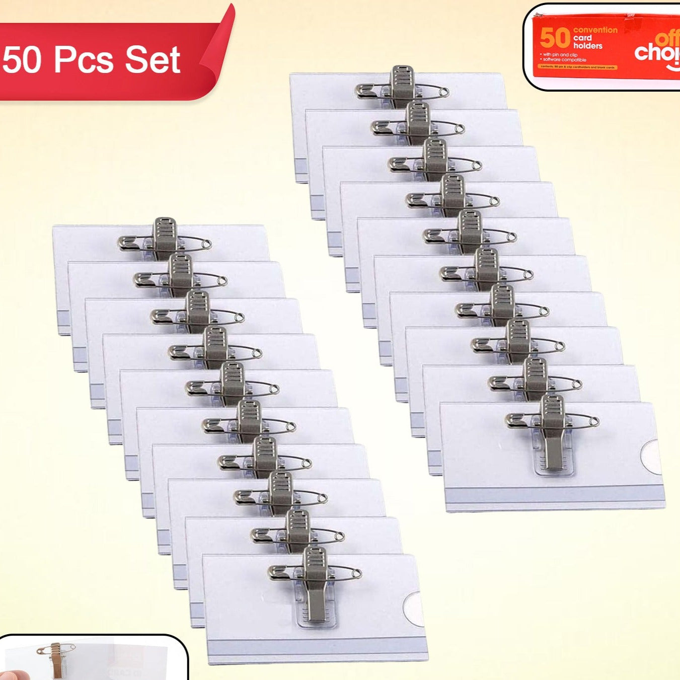 Plastic Transparent Cardholders With Pin  Clip 90 Mm X 60 Mm (50 Pcs Set) - Happy Price - Image 1
