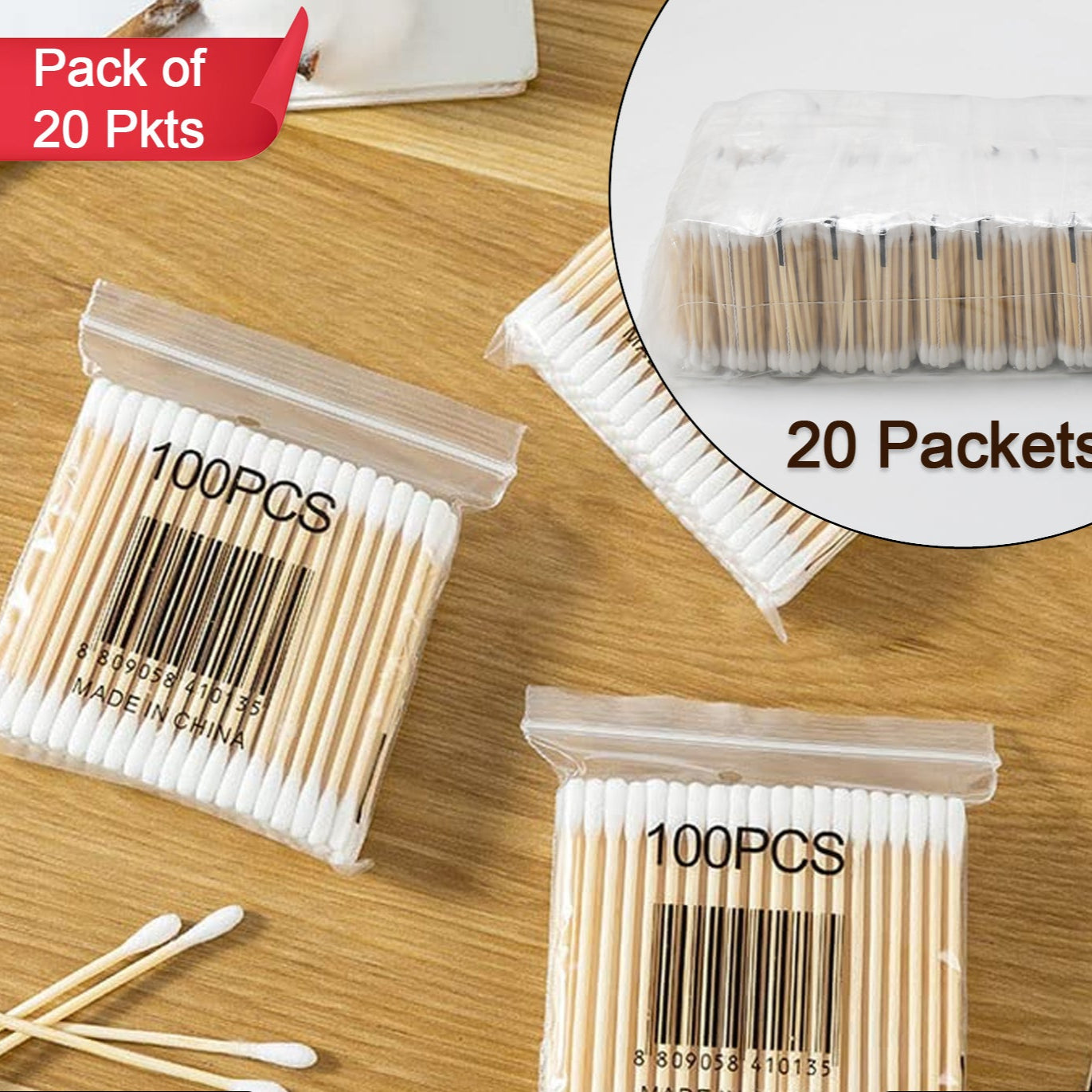 Cotton Swabs Bamboo With Wooden Handles For Makeup Clean Care Ear Cleaning Wound Care Cosmetic Tool Double Head Biodegradable Eco Friendly (Pack Of 20) - Happy Price - Image 1