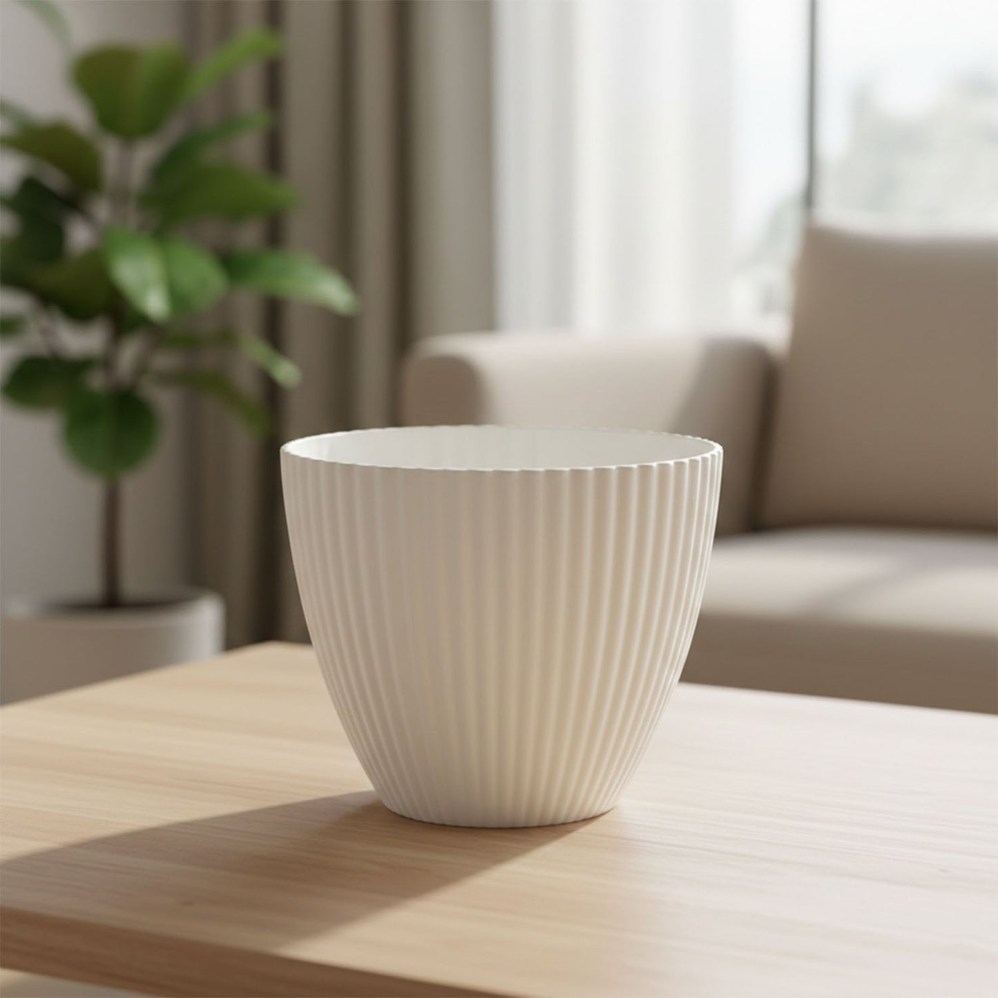White Ribbed Decorative Flower Pot (1 Pc) - Modern Indoor Planter - Happy Price - Image 3