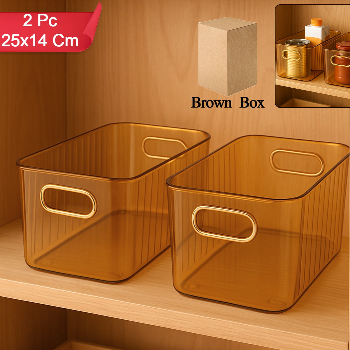 Premium Ribbed Transparent Storage Basket With Gold Handle  Multipurpose Kitchen Amp Home Organizer Box (25x14cm  2 Pc) - Happy Price - Image 1