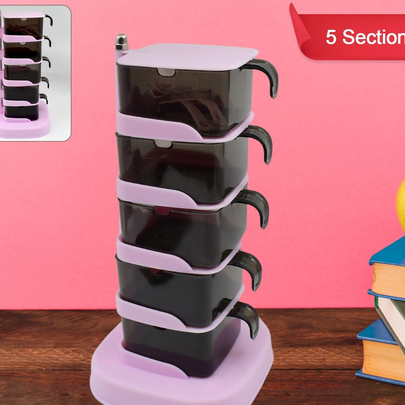 Rotating Spice Jars Vertical Rotatable Seasoning Box 5 Section  Tier With 5 Spoon (1 Set) - Happy Price - Image 1