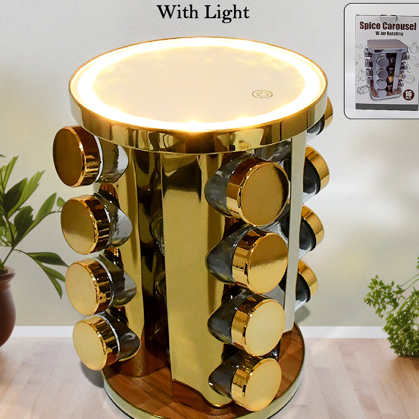 Led Spice Rack Organizer Rotating Spice Rack With Free 16 Seasoning Jars Revolving Tower Organizer Stainless Steel For Kitchen Storage (Golden  16 Pc  Moq - 6 Pc) - Happy Price - Image 1