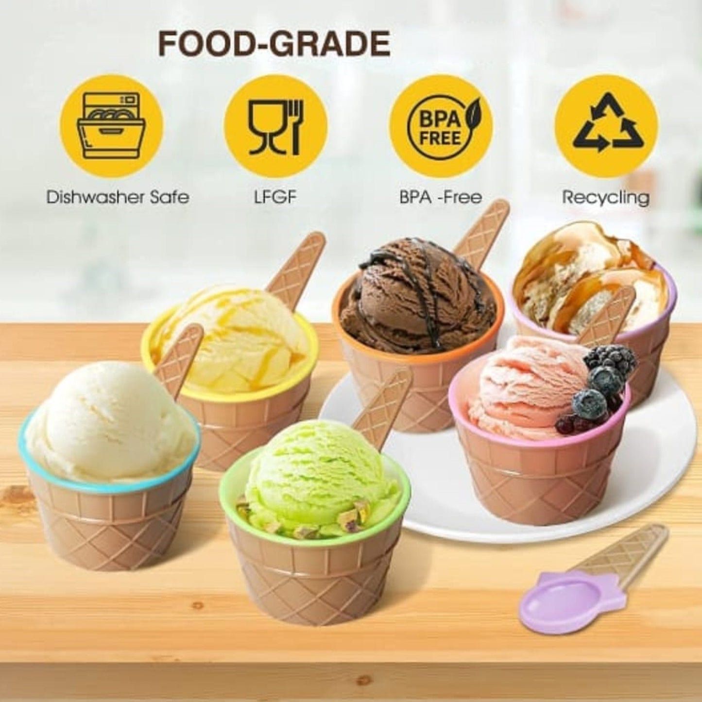 Ice-cream Waffle Spoon Bowel Cup Set  Premium Ice Cream Set  Ice-cream Bowel With Spoon  6 Units Couple Bowl Set  Color Box - Happy Price - Image 7