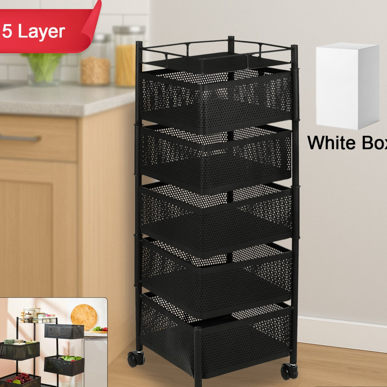 5 Tier Rolling Kitchen Trolley with Mesh Baskets - Multipurpose Organizer - Happy Price - Image 1