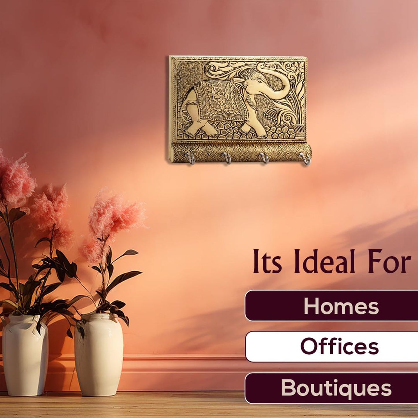 Wooden Key Holder For Home Decor Stylish Metal Gold Antique Elephant Design (1 Pc) - Happy Price - Image 4