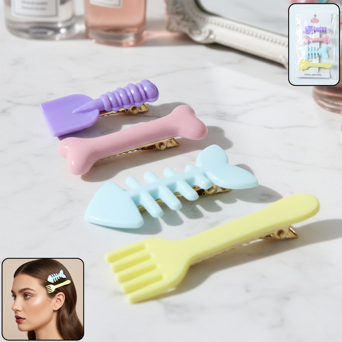 Cute Food Shape Hair Clip Set (4 Pc) - Fun Fork, Fish Bone, Drumstick & Spatula Designs - Happy Price - Image 2