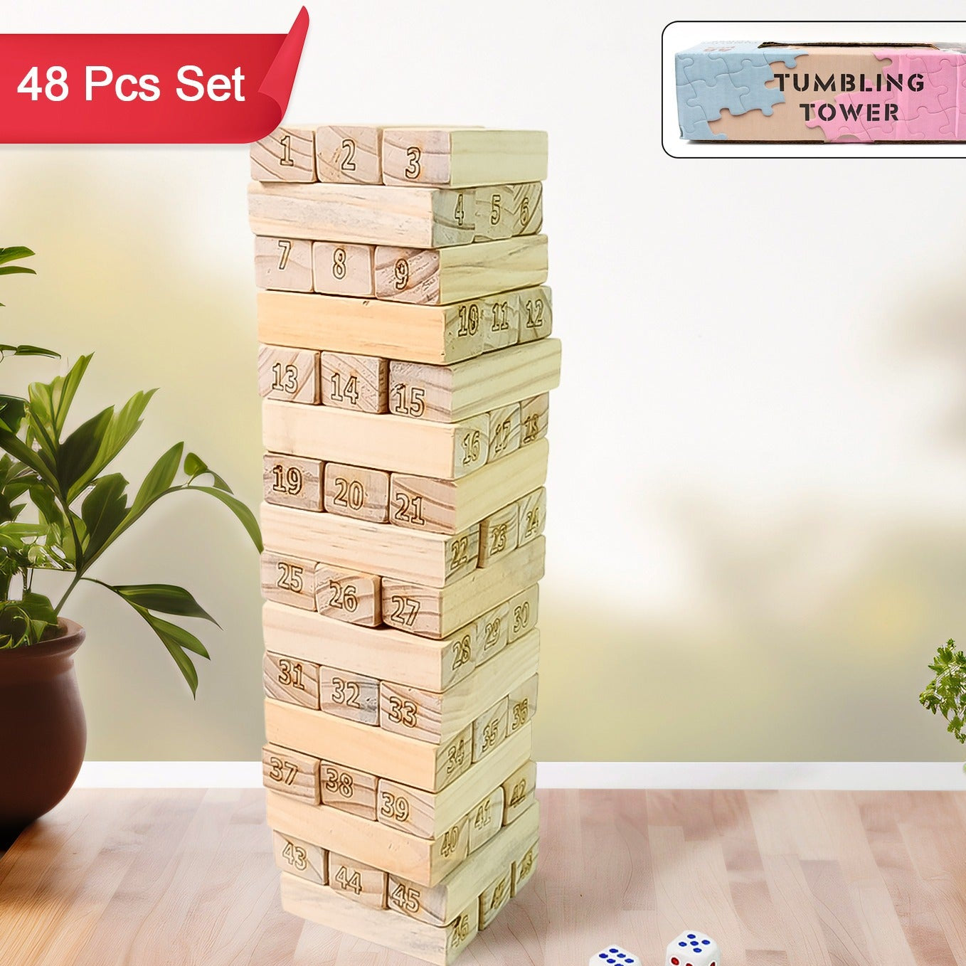 Wooden Tumbling Stacking Tower Game (48 Pcs Blocks 2 Dices) - Happy Price - Image 1