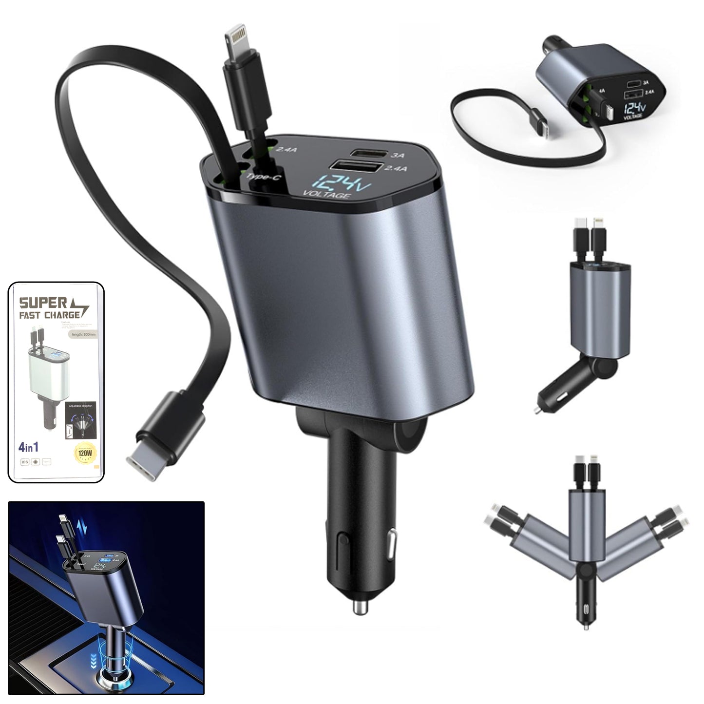 4-in-1 Car Charger with Dual Cables, Dual USB Ports & LED Display - 120W Fast Charging - Happy Price - Image 7