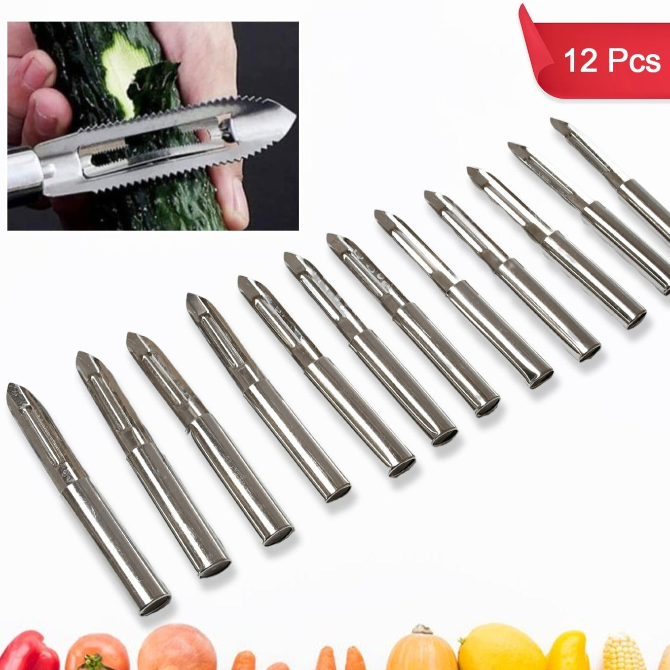 Multi-purpose Stainless Steel Peeler With Handle For Vegetables Potato Peeler Carrot Grated Suitable For Peeling And Shredding Fruit And Vegetables Kitchen Accessories Piller (12 Pcs Set) - Happy Price - Image 1