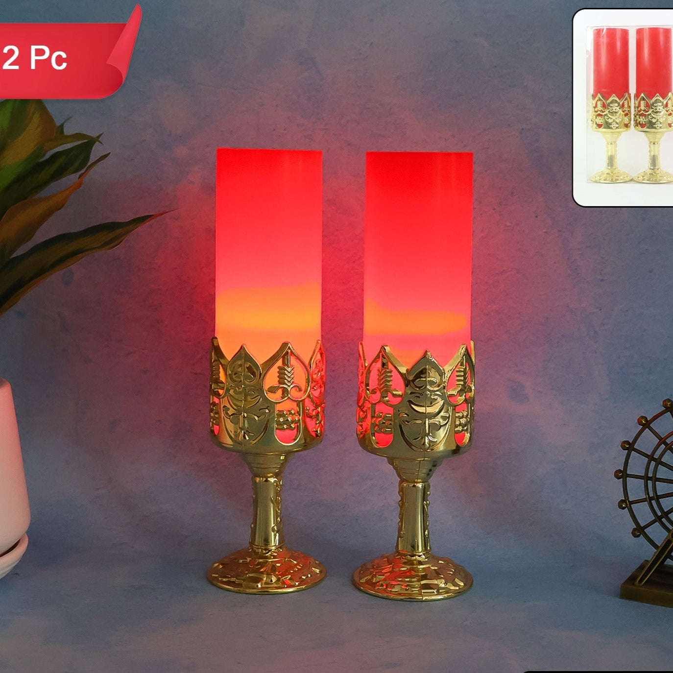 Set of 2 Decorative LED Candle Lamps with Golden Stand - Happy Price - Image 1