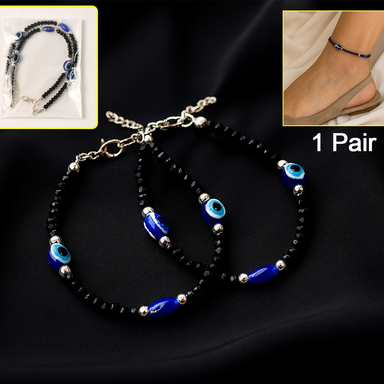 Adjustable Black Bead Evil Eye Protection Bracelet Set (2 Pc)
