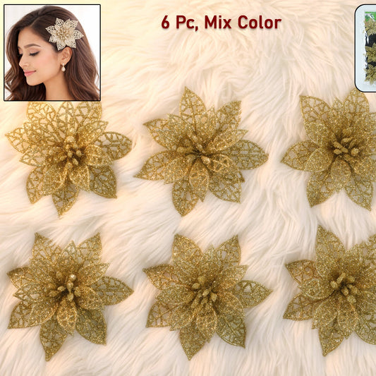 Glitter Flower Hair Clips - 6 Pc Mix Color Set for Women & Girls - Happy Price - Image 1