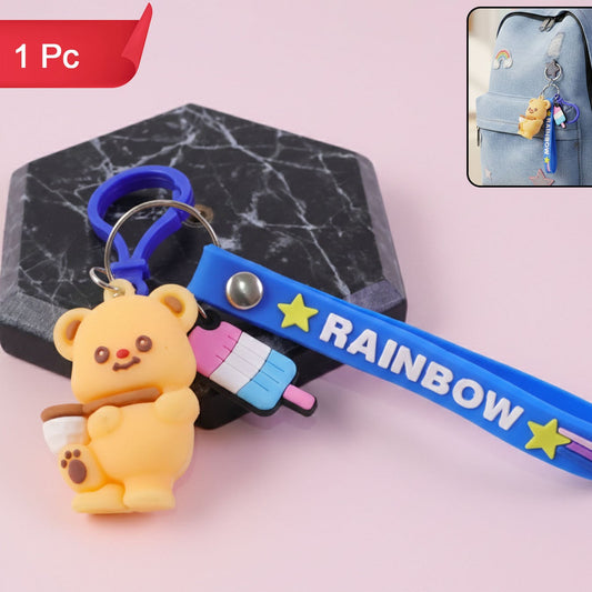 Cute Bear Charm Keychain with Rainbow Strap - 1 Pc - Happy Price - Image 1