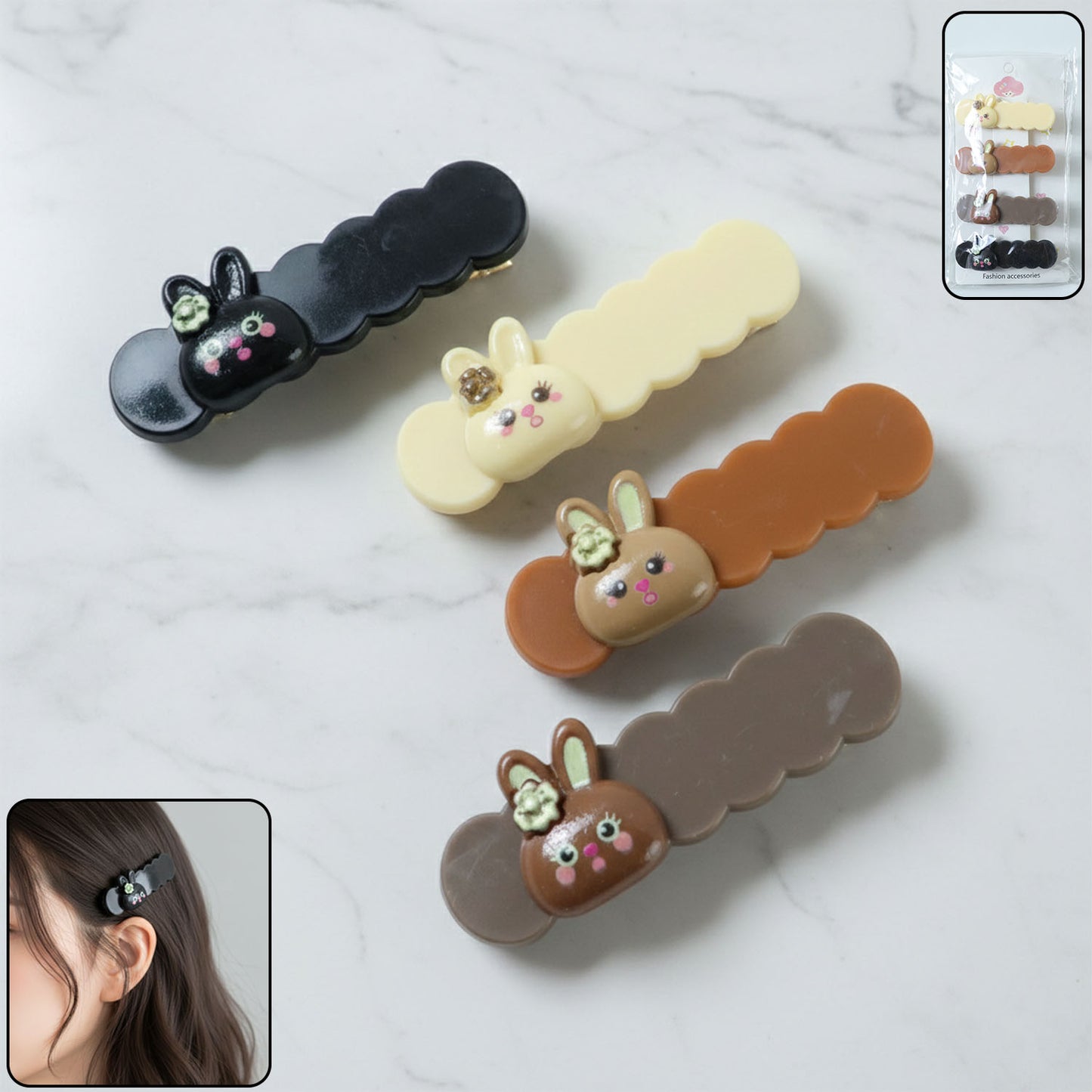 Cute Bunny Cartoon Hair Clips Set - 4 Pc Decorative Snap Clips for Girls & Women - Happy Price - Image 2