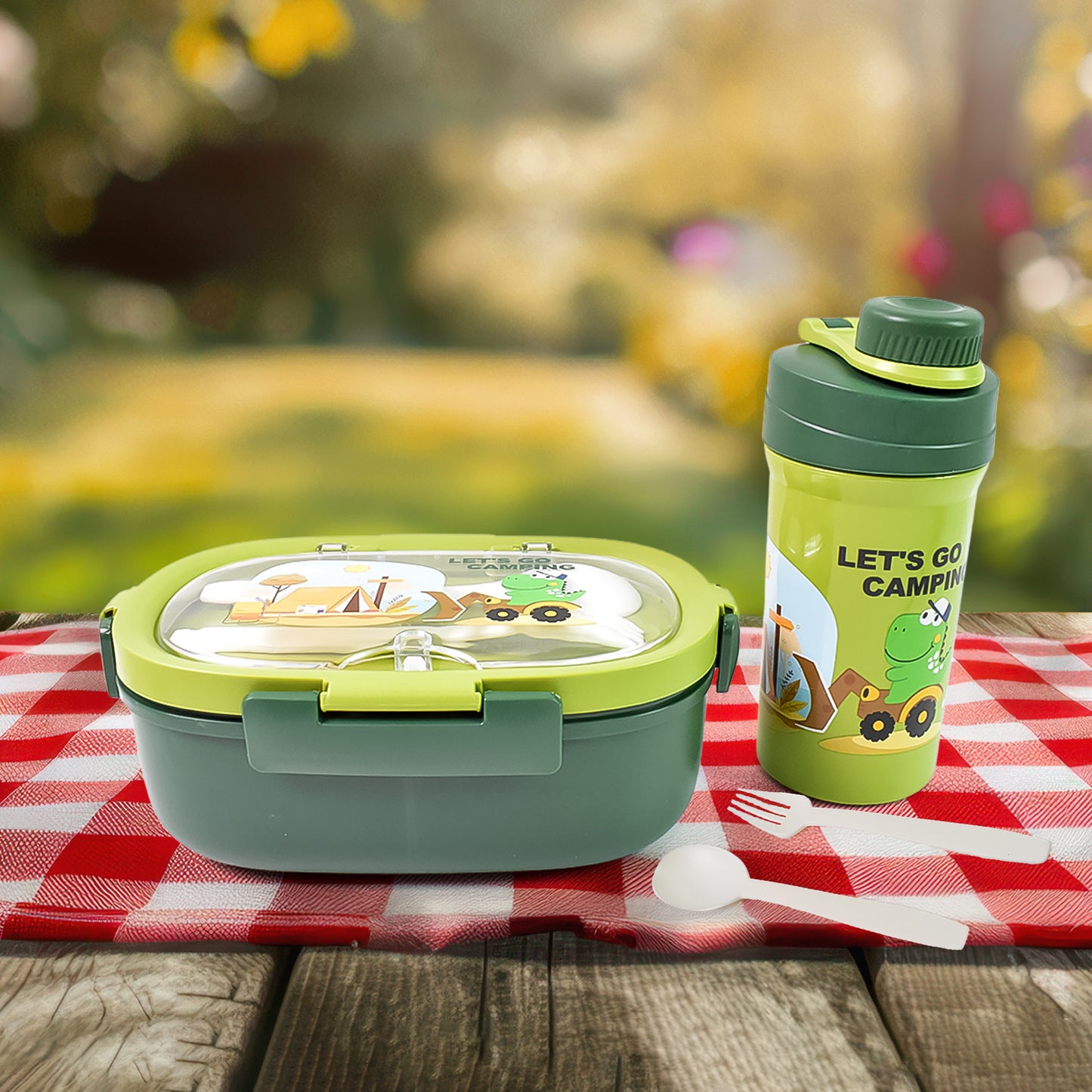 Plastic Lunch Box Leak Proof 3 Compartment With Bottle Spoon And Fork (1 Set) - Happy Price - Image 2