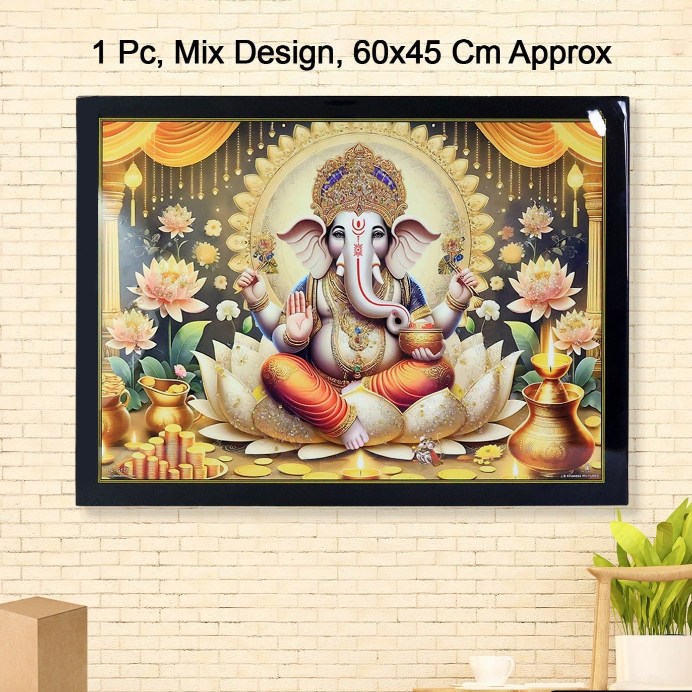 Lord Ganesha Wall Art with Wooden Frame - 60x45 Cm (1 Pc) - Happy Price - Image 1
