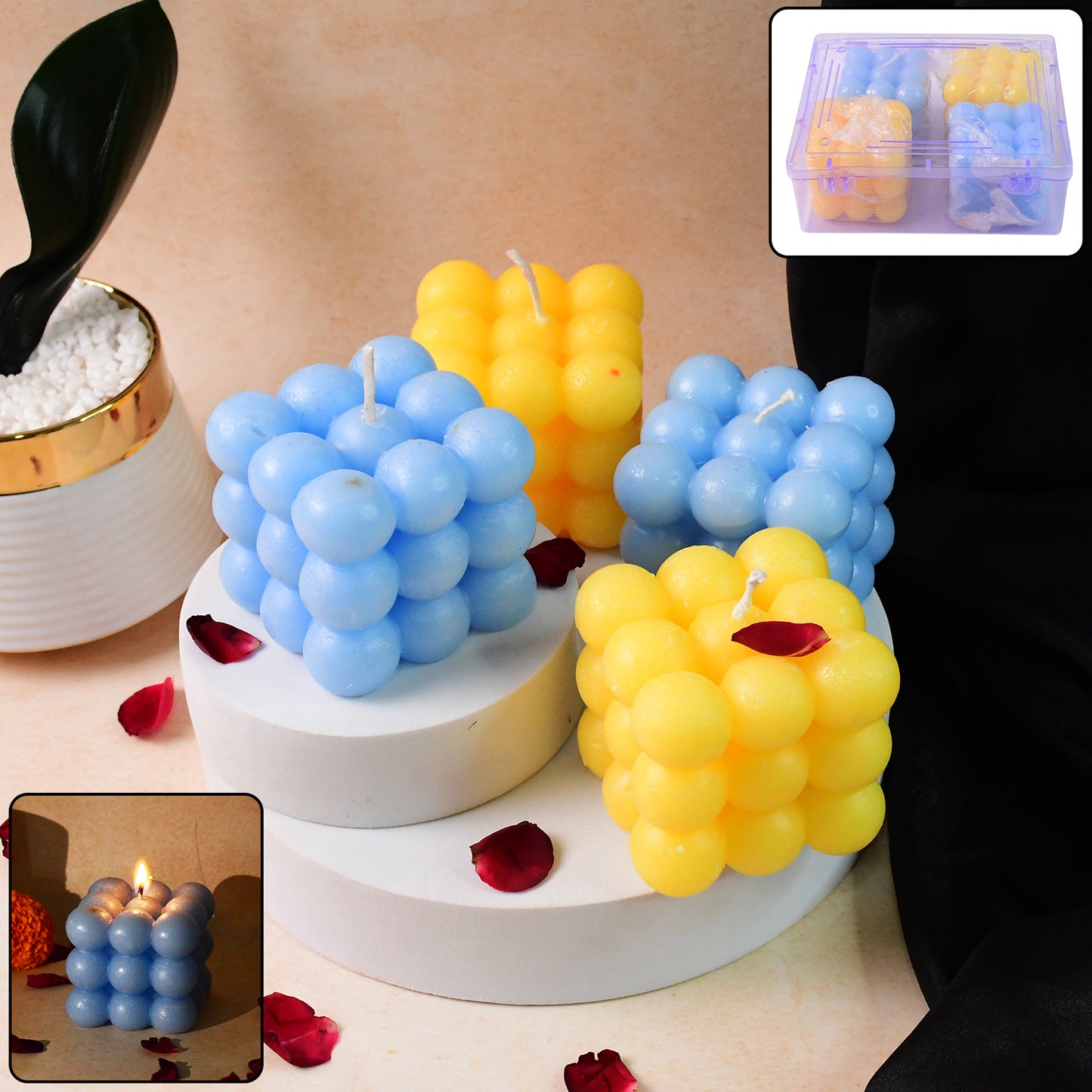 Set of 4 Colorful Cube Wax Candles - Blue & Yellow Decorative Accent - Happy Price - Image 3