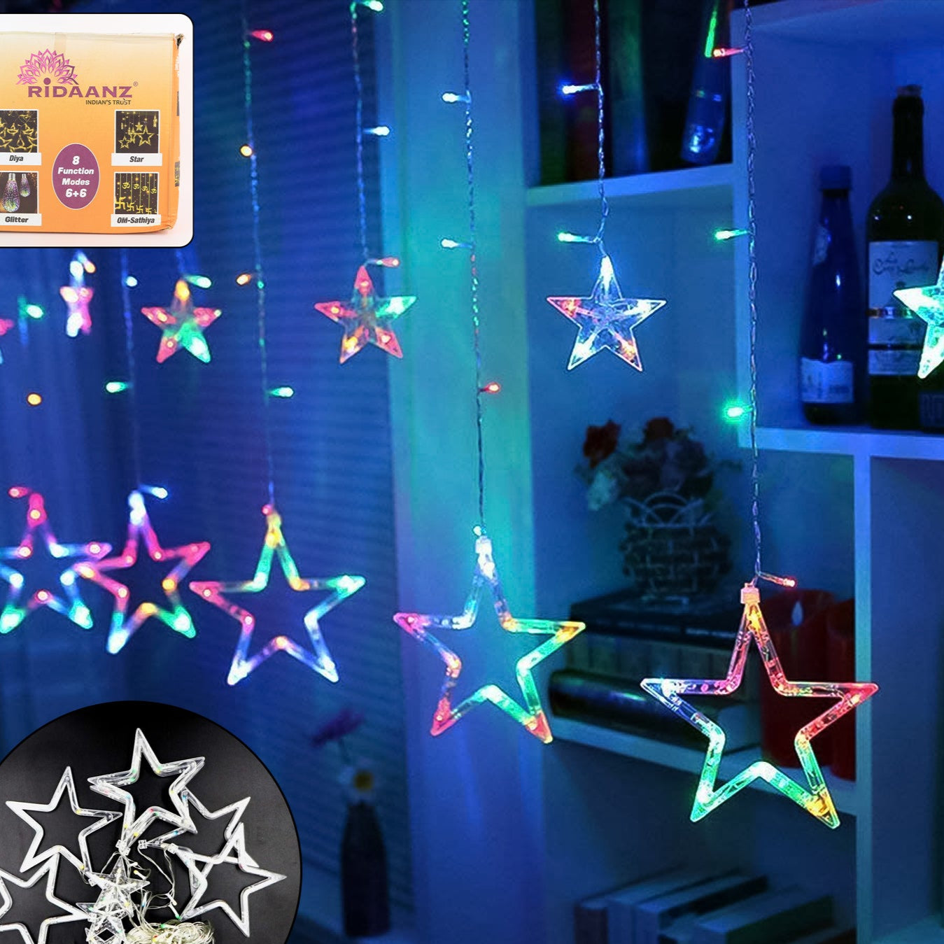 12 Star LED Curtain String Lights, 8 Modes, Multicolor Indoor/Outdoor Festive Decor - Happy Price - Image 1
