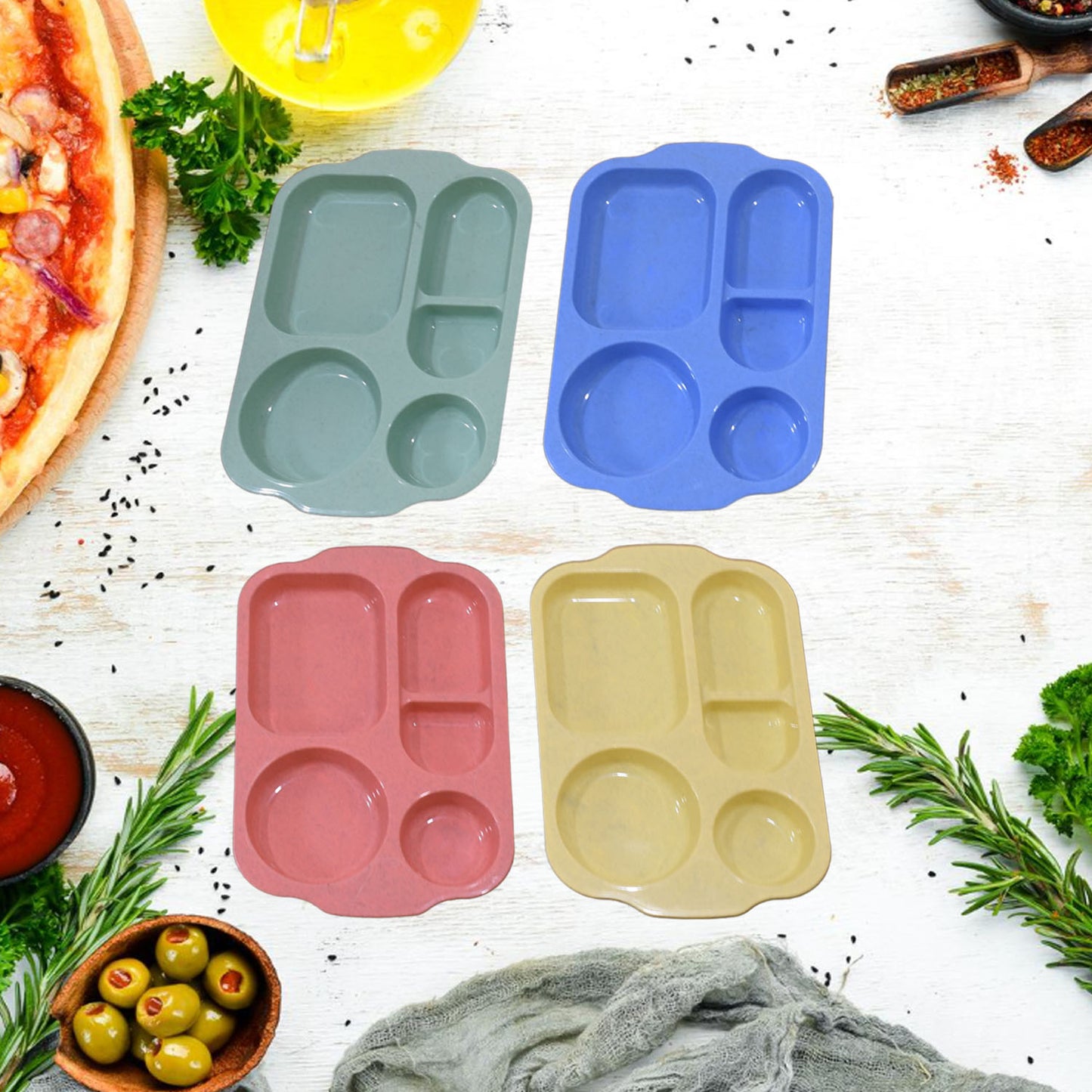 Divided Plates 5 Compartments 32 Cm Split Plates Shatterproof Separating Plates For Kids And Adults Microwave And Dishwasher Tableware Set Multi-colour Modern (4 Pc Set) - Happy Price - Image 5