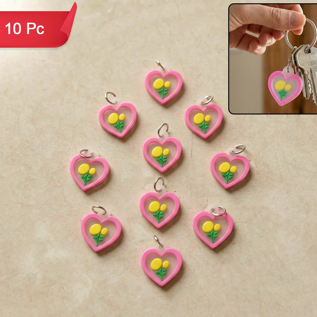 Cute Heart Flower Design Bag Charm Keychain Set (10 Pc)