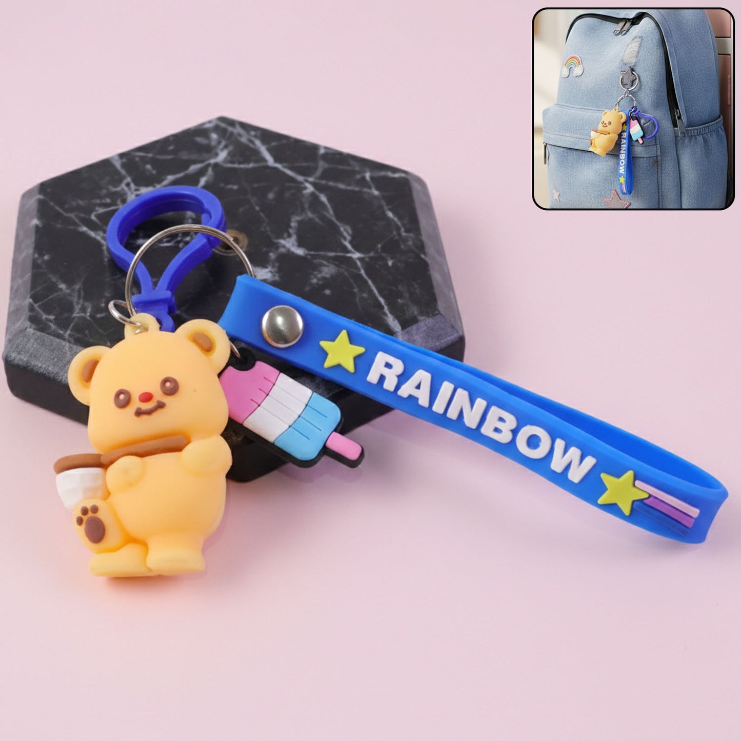 Cute Bear Charm Keychain with Rainbow Strap - 1 Pc - Happy Price - Image 2