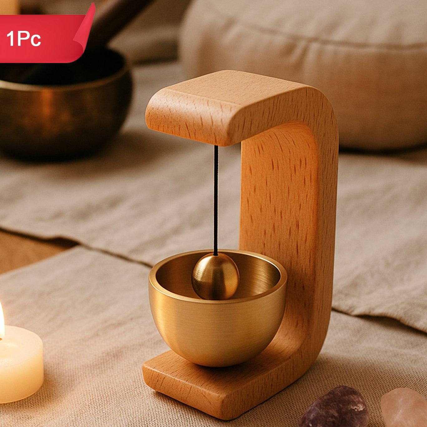 Desktop Zen Bell with Wooden Stand - Japanese Style Meditation Chime - Happy Price - Image 1