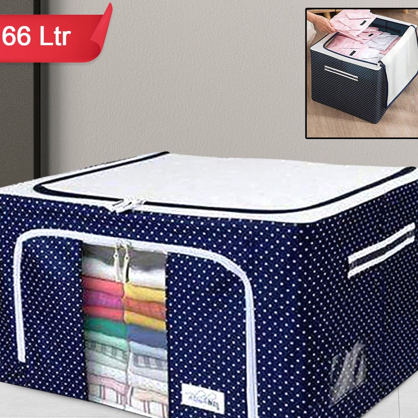 Foldable Steel Frame Clothes Living Storage Organizer Handled Bag Box For Large Size Bedding Blankets Women Saree Toys  Cloth Storage Box  Bag (66 Liter) - Happy Price - Image 1