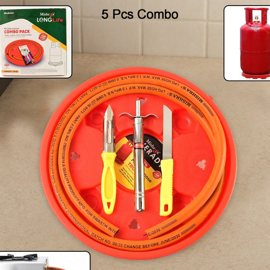 Mishras 5-piece Multipurpose Lpg Kitchen Combo Set With Gas Pipe Cylinder Trolley Knife Lighter  Peeler - Happy Price - Image 1