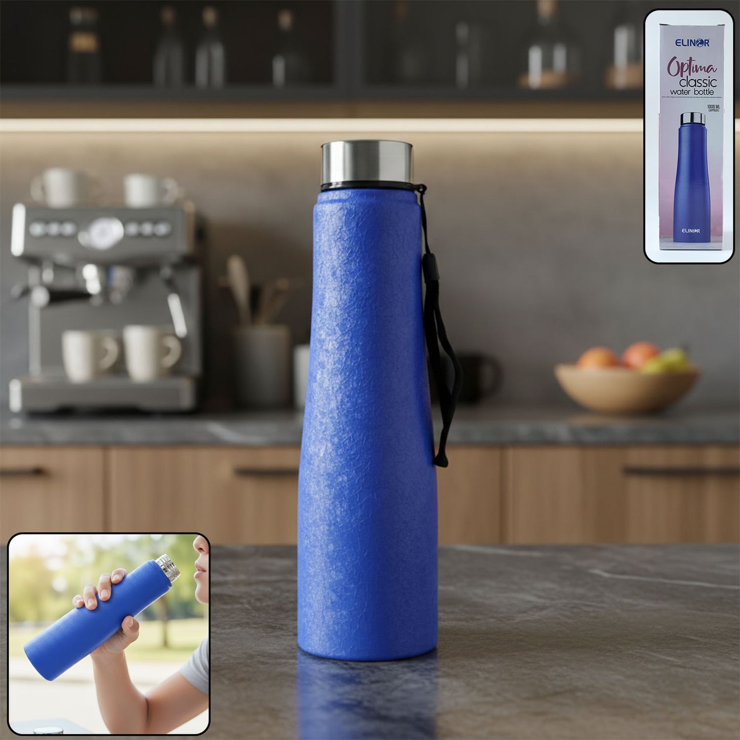 1000 ML Blue Stainless Steel Water Bottle with Strap - 1 Pc - Happy Price - Image 2
