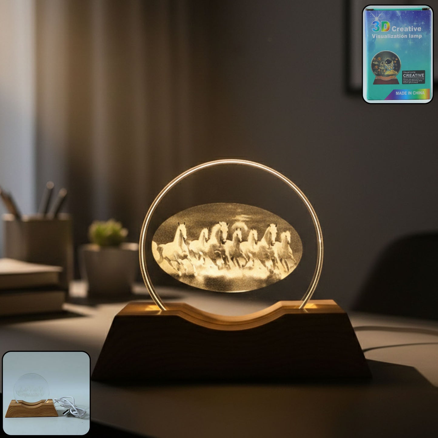 3D Crystal LED Table Lamp with Running Horses Design - Wooden Base, Ambient Light (1 Pc) - Happy Price - Image 1